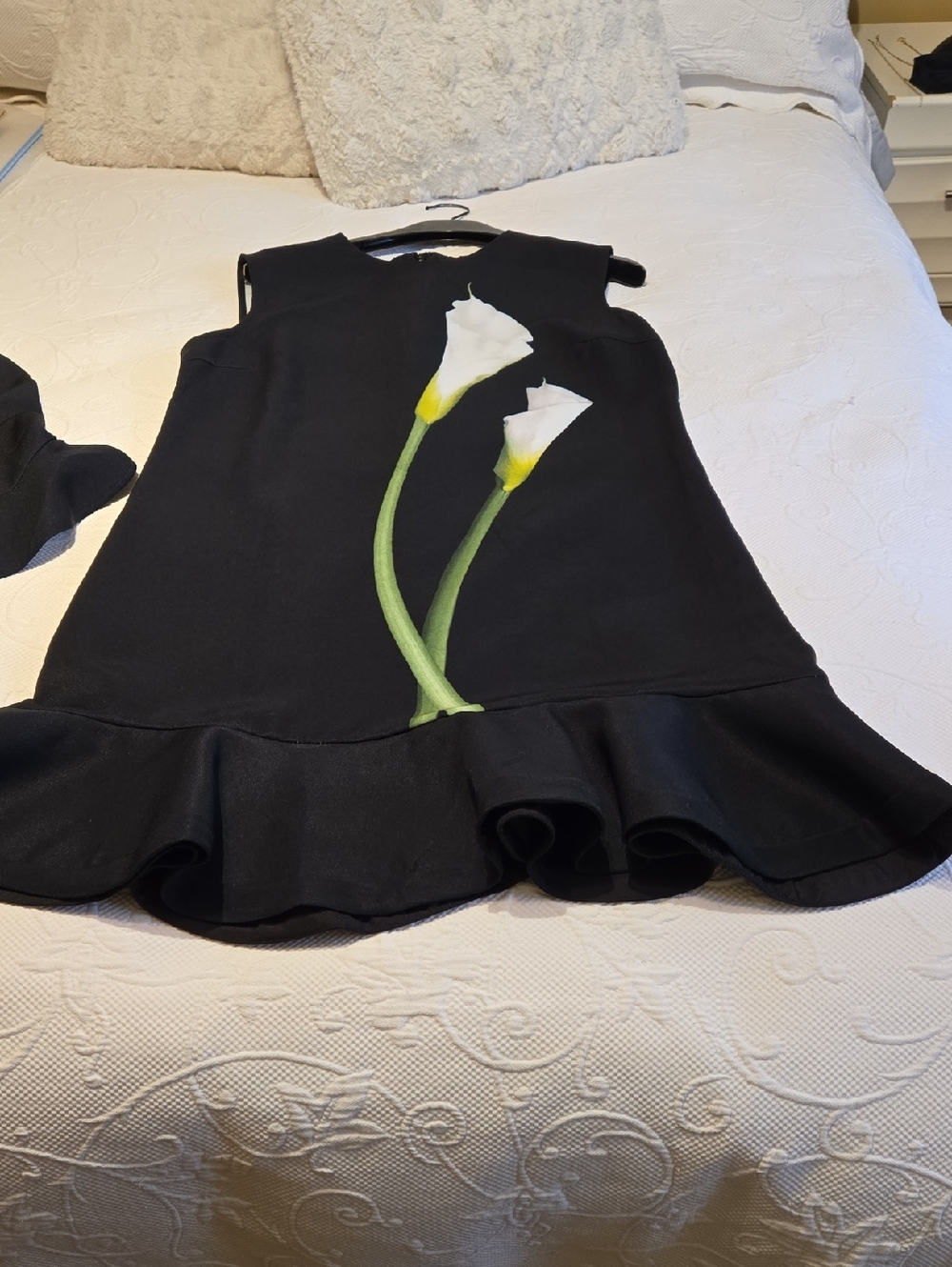 Victoria Beckham Black Dress  with White & Green Calla Lily Motif